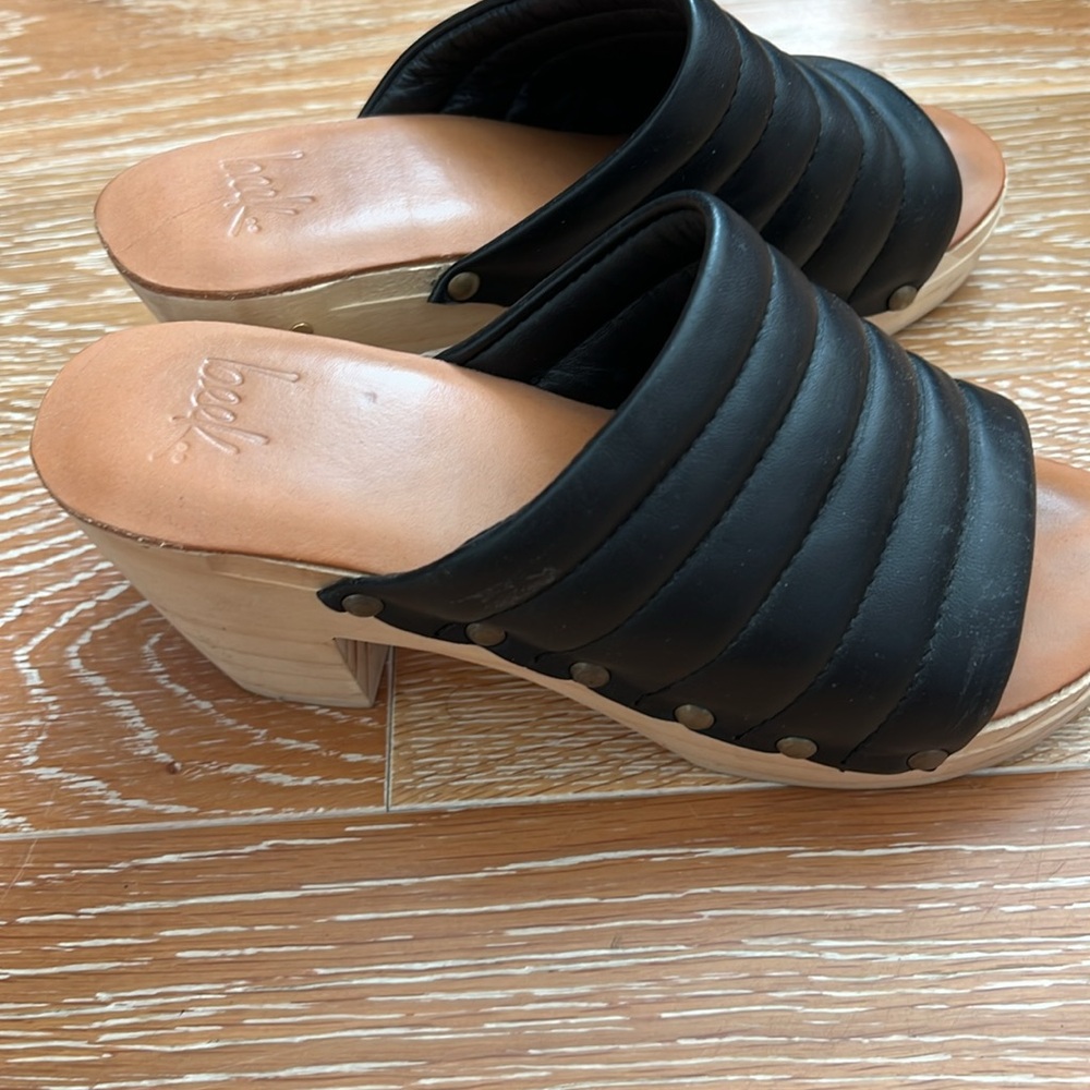 Beek wood clog sandals, soft black leather